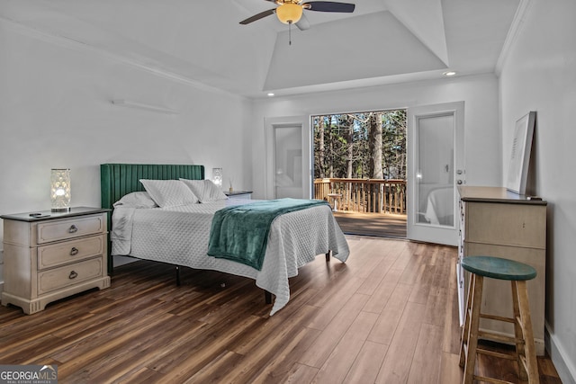 105 S Arcadia Dr, Bogart, GA 30622 - bedroom with wood finished floors, access to outside, crown molding, recessed lighting, and a ceiling fan