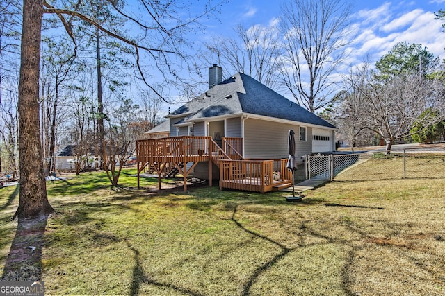 105 S Arcadia Dr, Bogart, GA 30622 - back of property featuring stairway, a wooden deck, roof with shingles, a garage, and a chimney