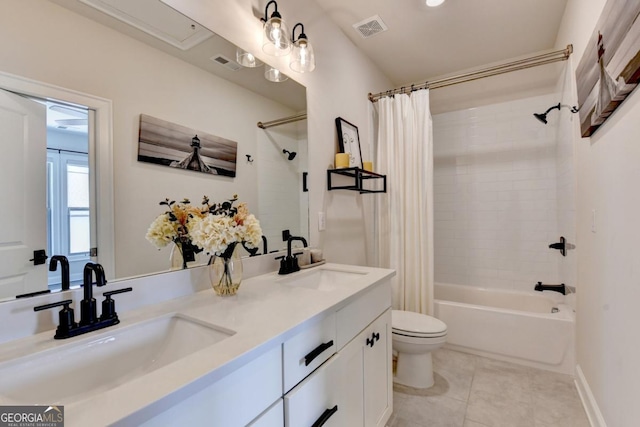 767 Farmstead Rd, Suwanee, GA 30024 - bathroom with shower / tub combo with curtain, double vanity, and tile patterned floors