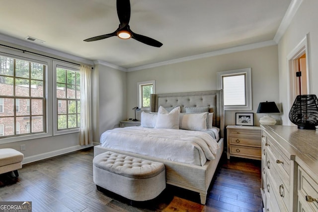 767 Farmstead Rd, Suwanee, GA 30024 - bedroom featuring dark wood-type flooring, crown molding, and ceiling fan