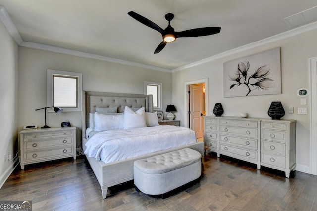 767 Farmstead Rd, Suwanee, GA 30024 - bedroom featuring multiple windows, crown molding, dark wood-style flooring, and a ceiling fan