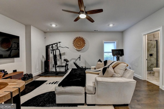767 Farmstead Rd, Suwanee, GA 30024 - living area featuring ceiling fan, dark wood-style flooring, and recessed lighting