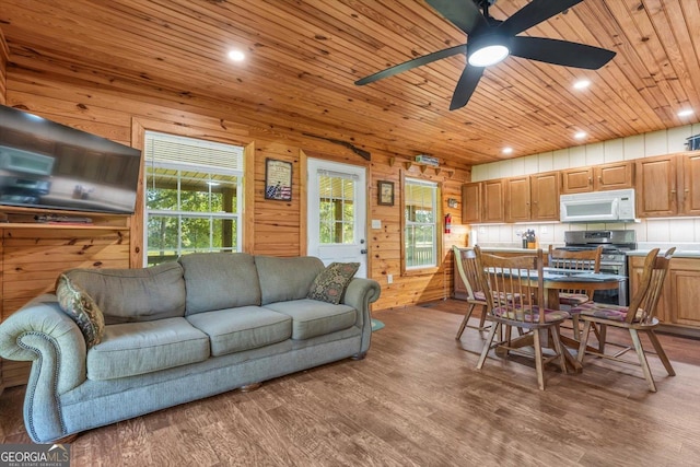 446 Thornton Rd, Washington, GA 30673 - living area with wood ceiling, a ceiling fan, wood finished floors, wood walls, and recessed lighting