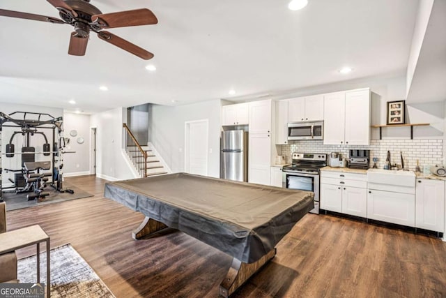 2755 Evan Manor Ln, Cumming, GA 30041 - rec room with dark wood finished floors, recessed lighting, ceiling fan, and billiards