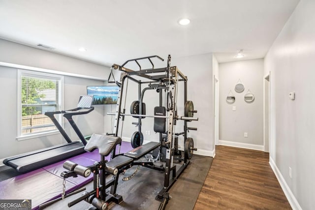 2755 Evan Manor Ln, Cumming, GA 30041 - workout room with wood finished floors and recessed lighting