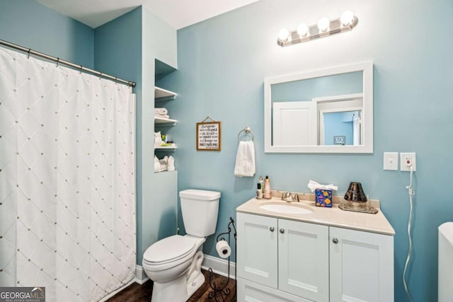 2755 Evan Manor Ln, Cumming, GA 30041 - bathroom featuring vanity, a shower with shower curtain, and wood finished floors