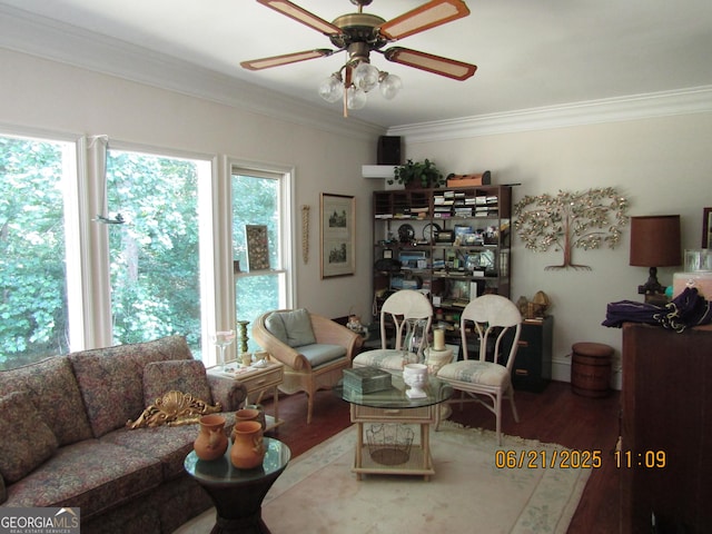 5523 Bahia Mar Cir, Stone Mountain, GA 30087 - living room with crown molding, wood finished floors, and ceiling fan