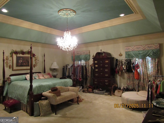 5523 Bahia Mar Cir, Stone Mountain, GA 30087 - carpeted bedroom featuring a raised ceiling, a chandelier, crown molding, and recessed lighting