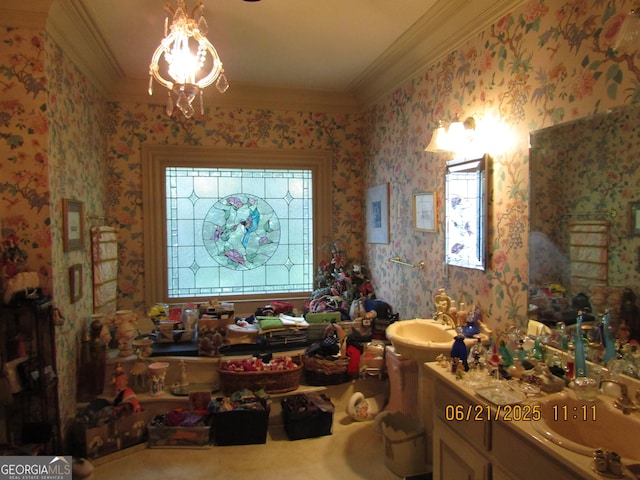 5523 Bahia Mar Cir, Stone Mountain, GA 30087 - bathroom featuring ornamental molding, wallpapered walls, and vanity