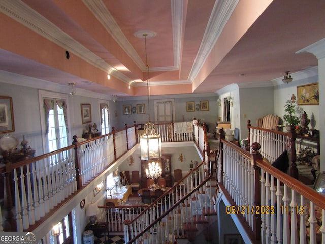 5523 Bahia Mar Cir, Stone Mountain, GA 30087 - staircase with ornamental molding, a chandelier, and a raised ceiling