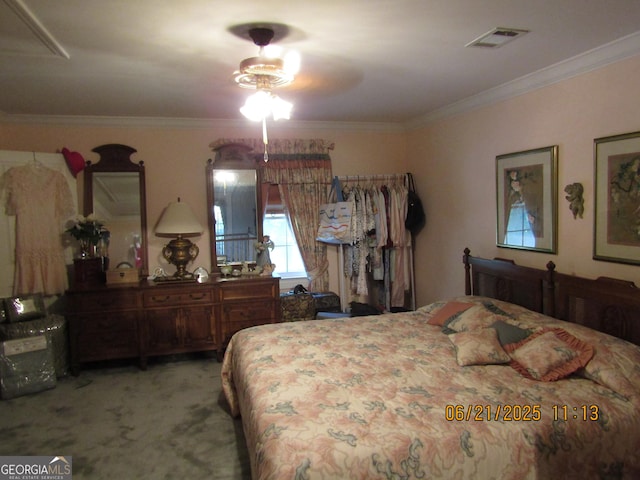 5523 Bahia Mar Cir, Stone Mountain, GA 30087 - bedroom featuring crown molding, light colored carpet, and attic access