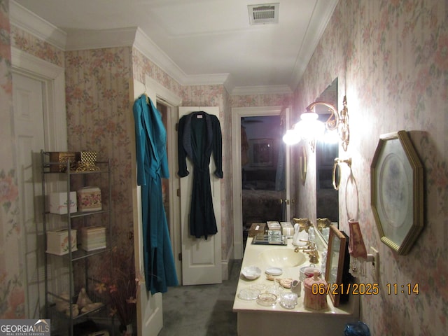5523 Bahia Mar Cir, Stone Mountain, GA 30087 - bathroom with wallpapered walls, vanity, and crown molding