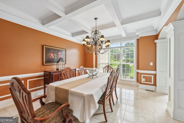 106 April Walk, Mcdonough, GA 30253 - dining room featuring crown molding, beamed ceiling, a chandelier, coffered ceiling, and a wainscoted wall