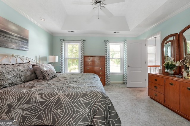 150 Tramore Trce, Tyrone, GA 30290 - bedroom with light colored carpet, a tray ceiling, ornamental molding, and ceiling fan