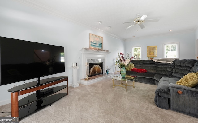150 Tramore Trce, Tyrone, GA 30290 - carpeted living room with ornamental molding, a fireplace, and a ceiling fan