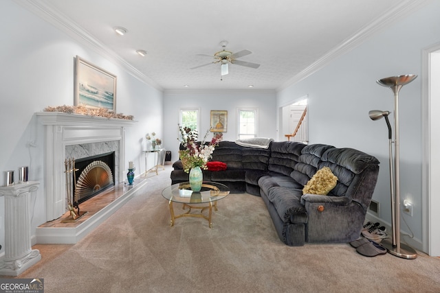 150 Tramore Trce, Tyrone, GA 30290 - carpeted living area with a ceiling fan, a high end fireplace, and ornamental molding