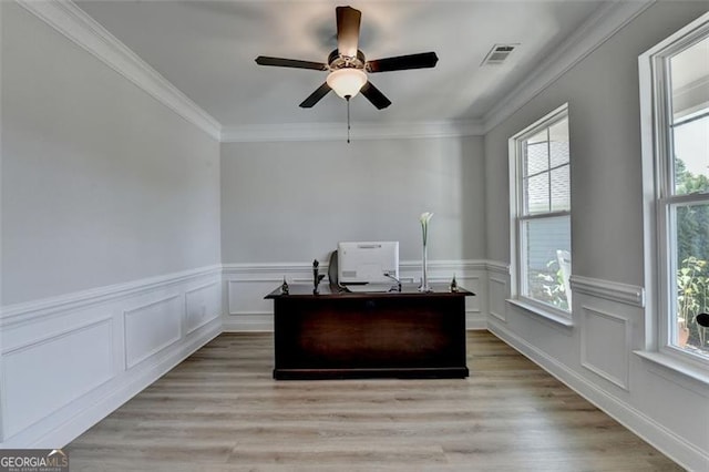 6867 Kate, Flowery Branch, GA 30542 - office space with a wainscoted wall, ornamental molding, ceiling fan, and light wood finished floors