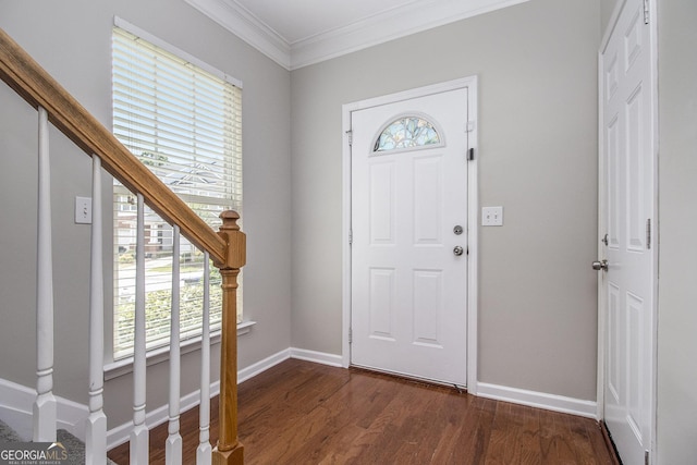 801 Tulip Poplar Way Unit 2501, Lawrenceville, GA 30044 - foyer entrance with ornamental molding, dark wood-style flooring, and stairs