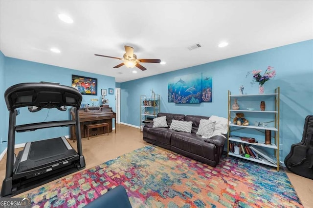 205 River Flow Dr, Dahlonega, GA 30533 - carpeted living area featuring a ceiling fan and recessed lighting