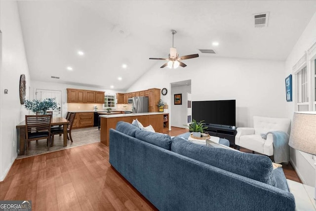 205 River Flow Dr, Dahlonega, GA 30533 - living area with light wood-type flooring, recessed lighting, a ceiling fan, and high vaulted ceiling