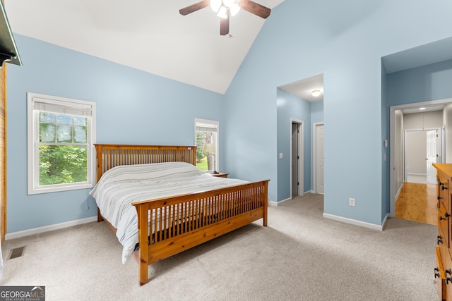 379 Sweetwater Rdg, Hoschton, GA 30548 - carpeted bedroom featuring high vaulted ceiling and a ceiling fan