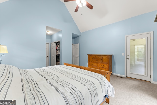379 Sweetwater Rdg, Hoschton, GA 30548 - bedroom with high vaulted ceiling, carpet floors, a closet, and a ceiling fan
