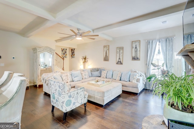 312 Sierra Ct, Mcdonough, GA 30253 - living area with stairs, beamed ceiling, dark wood-style floors, and a ceiling fan