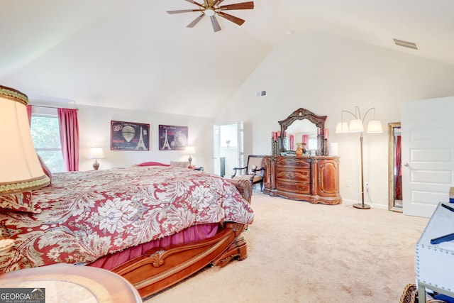 312 Sierra Ct, Mcdonough, GA 30253 - carpeted bedroom featuring a ceiling fan and high vaulted ceiling