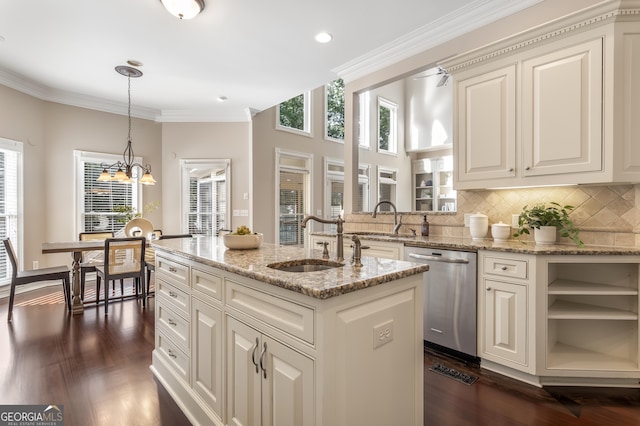 110 Wellington Way, Canton, GA 30115 - kitchen featuring dishwasher, dark wood finished floors, plenty of natural light, light stone countertops, and crown molding
