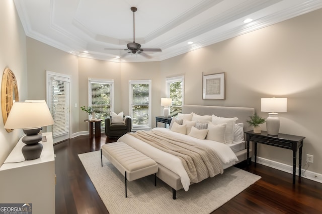 110 Wellington Way, Canton, GA 30115 - bedroom featuring crown molding, wood finished floors, access to exterior, recessed lighting, and a ceiling fan