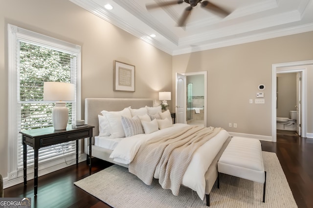 110 Wellington Way, Canton, GA 30115 - bedroom with ornamental molding, dark wood finished floors, ensuite bathroom, recessed lighting, and a tray ceiling