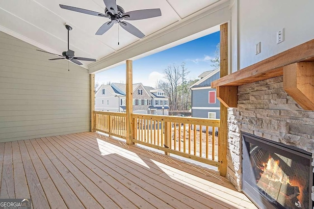148 Palm St, Holly Springs, GA 30115 - wooden deck with an outdoor stone fireplace, a residential view, and ceiling fan