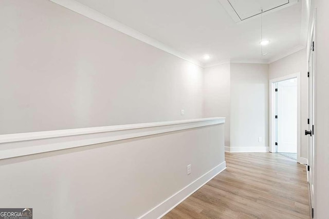 148 Palm St, Holly Springs, GA 30115 - hall with attic access, crown molding, light wood-type flooring, and recessed lighting