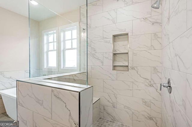148 Palm St, Holly Springs, GA 30115 - full bath with a walk in shower, a freestanding bath, and tile walls