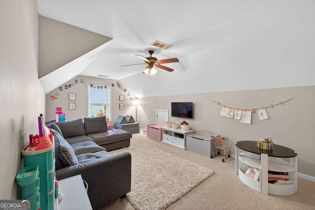 43 Emily Ln, Bogart, GA 30622 - living room with carpet floors, vaulted ceiling, and a ceiling fan