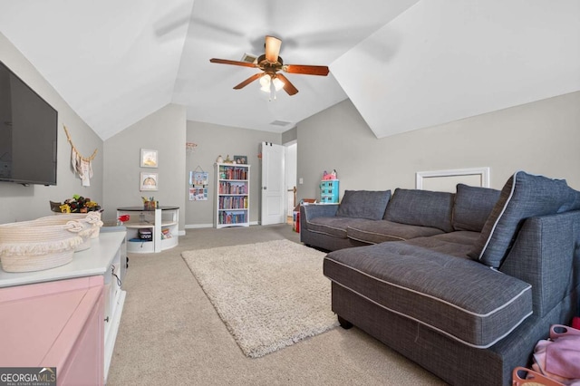 43 Emily Ln, Bogart, GA 30622 - living area featuring light colored carpet, a ceiling fan, and lofted ceiling