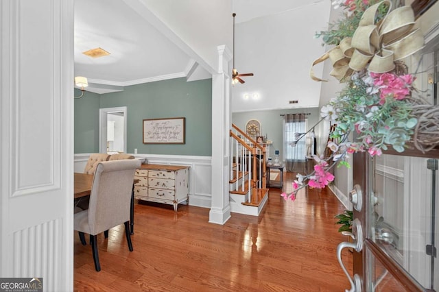43 Emily Ln, Bogart, GA 30622 - foyer with stairway, wood finished floors, wainscoting, ceiling fan, and ornamental molding