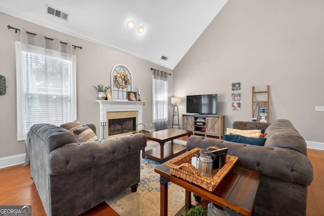 43 Emily Ln, Bogart, GA 30622 - living area featuring wood finished floors, a fireplace, and high vaulted ceiling