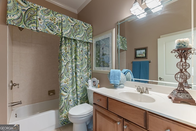1071 Creekwood Cir, Madison, GA 30650 - full bathroom featuring ornamental molding, shower / tub combo with curtain, vanity, and tile patterned floors