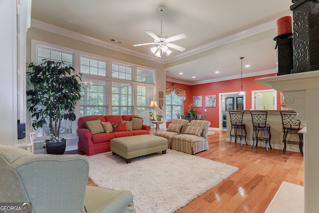 1071 Creekwood Cir, Madison, GA 30650 - living room with ornamental molding, a ceiling fan, light wood-style floors, and recessed lighting