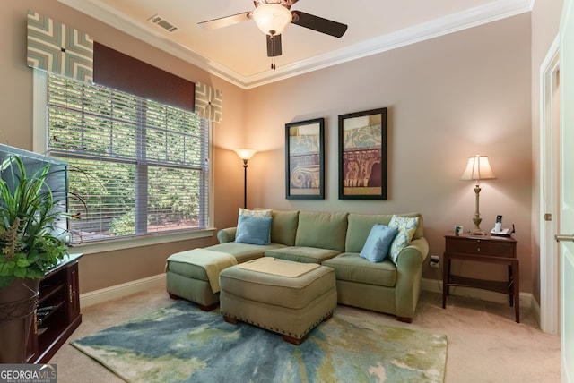 1071 Creekwood Cir, Madison, GA 30650 - living area featuring carpet flooring, a ceiling fan, and ornamental molding