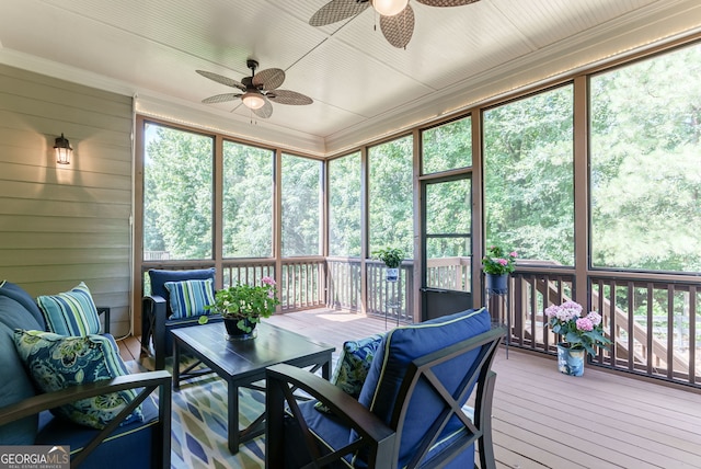 1071 Creekwood Cir, Madison, GA 30650 - sunroom featuring a ceiling fan, an outdoor living space, and plenty of natural light