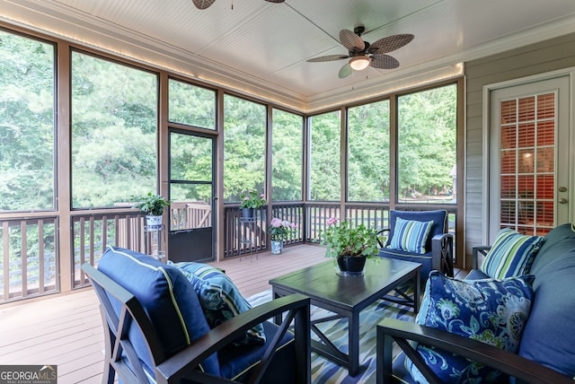 1071 Creekwood Cir, Madison, GA 30650 - sunroom with ceiling fan and outdoor lounge area