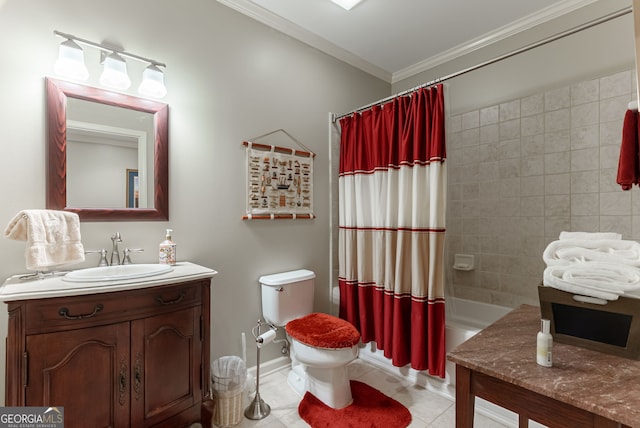 1071 Creekwood Cir, Madison, GA 30650 - full bathroom with vanity, ornamental molding, shower / bathtub combination with curtain, and tile patterned flooring