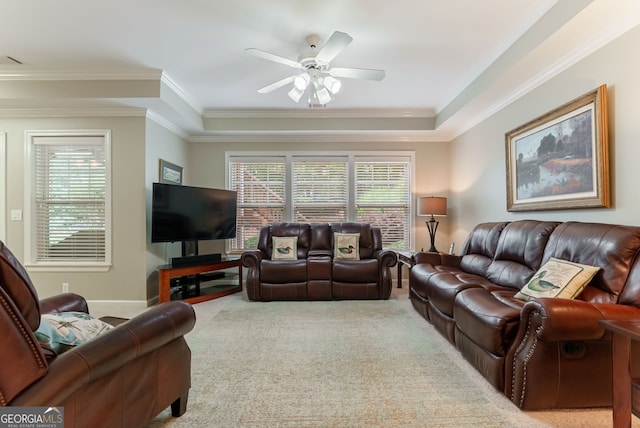 1071 Creekwood Cir, Madison, GA 30650 - carpeted living room featuring a ceiling fan and ornamental molding
