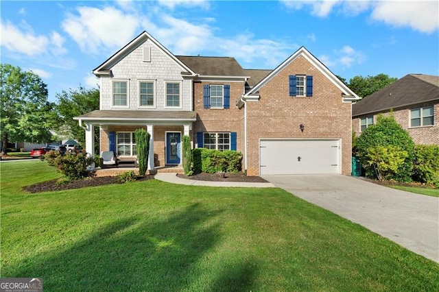109 Hale View Cir, Canton, GA 30114 - view of front of property featuring concrete driveway, a porch, a garage, brick siding, and a front yard