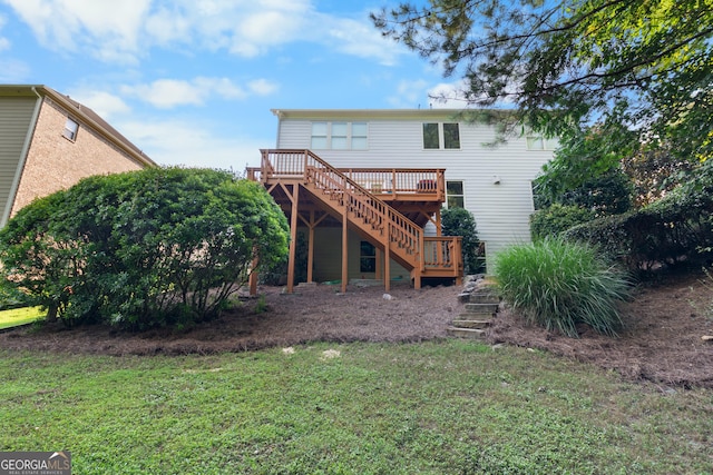 109 Hale View Cir, Canton, GA 30114 - rear view of house featuring stairs, a deck, and a lawn