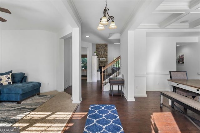 109 Hale View Cir, Canton, GA 30114 - foyer entrance featuring stairway, wood finished floors, a chandelier, beam ceiling, and ceiling fan