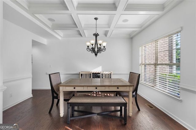 109 Hale View Cir, Canton, GA 30114 - dining area with a chandelier, wood finished floors, beamed ceiling, and coffered ceiling