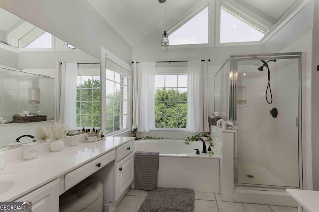 481 Fields Ferry Dr NE, Calhoun, GA 30701 - bathroom featuring a stall shower, a garden tub, plenty of natural light, vanity, and vaulted ceiling